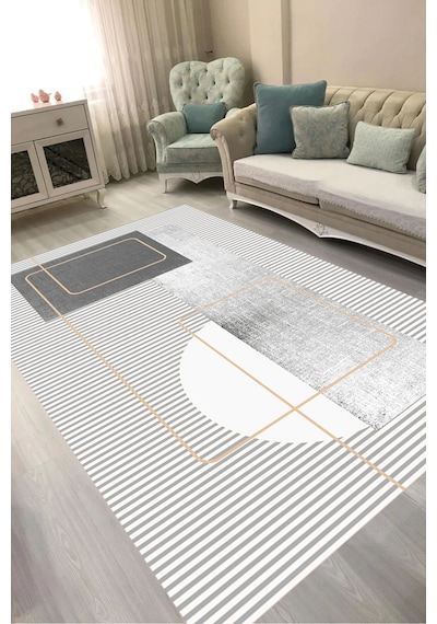 Alanur Kaymaz Yıkanabilir Dijital Baskılı Salon Halısı Trend Geometrik Al4052 gri