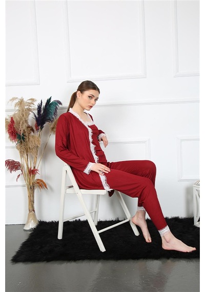 İbrahim Burak Etiler Collection Moda Çizgi Kadın 3'lü Bordo Sabahlık Takım 16108
