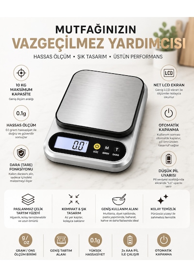 10 Kg Dijital Hassas Mutfak Tartısı - Lcd Ekranlı, Paslanmaz Çelik Tartım Yüzeyi, Dara Tare Fonksiyonlu, Gram & Ons Ölçüm, 2x Aaa Pilli Açık Gri
