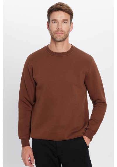 Tudors Unisex Oversize Geniş Kesim Pamuklu Yumuşak Dokulu Polarlı Basic Kahverengi Bisiklet Yaka Sweatshirt-31940 Kahverengi
