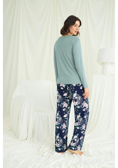Mega Fair Çiçek Ve Yaprak Desenli Baskılı Pijama Takımı Yeşil
