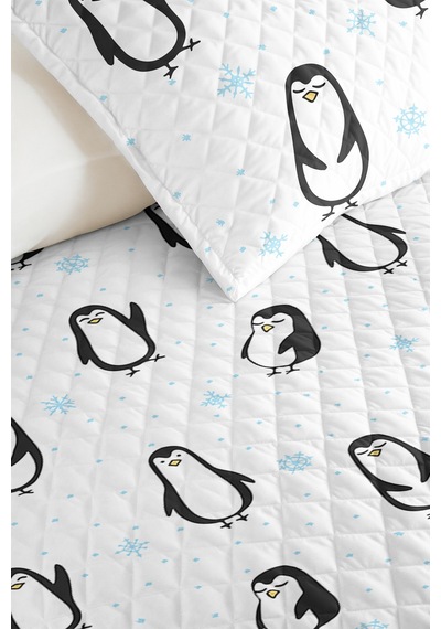Evimde Bambaşka Penguen Mavi Çocuk Odası Tek Kişilik Pike Takımı - Sevimli Minimal 160x220  CM Kapitone Yatak Örtüsü