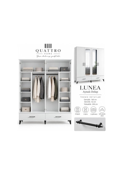 Lunea 4 Kapaklı Aynalı 2 Çekmeceli Gardırop Ahşap