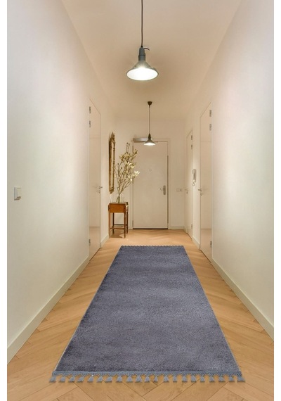 Vl Yuvarlak Comfort Düz Saçaklı Peluş Antrasit Yolluk Halı Antrasit Ponpon Saçak