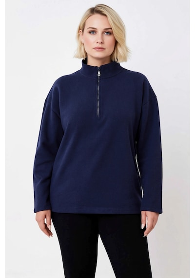 Benerly Kadın Dik Yaka Fermuarlı Düşük Kol Regular Kalıp Örme Sweatshirt Lacivert