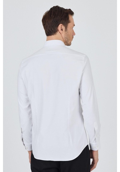İmza Uzun Kol Düz Bez Ayağı Düğmeli Yaka Cepsiz Pamuklu Casual Slim Fit Gömlek 1004250212 Beyaz