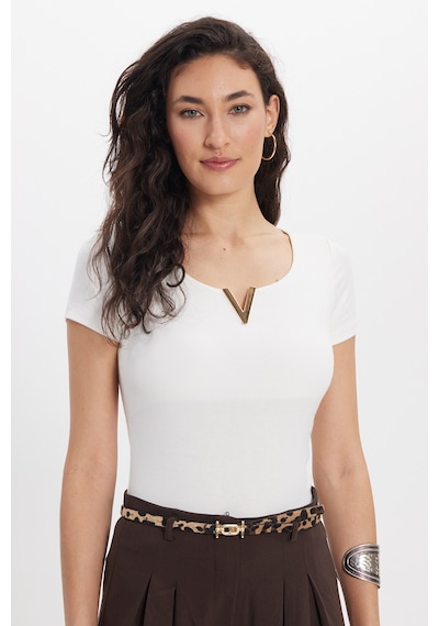 Tudors Kadın Slim Fit Dar Kesim Pamuklu V Yaka Kısa Kollu Ekru Bluz-50675