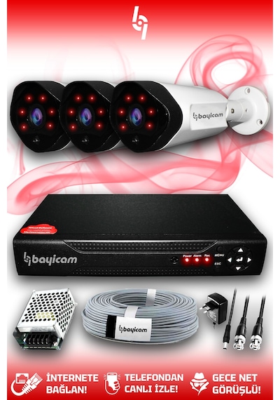 Bayicam 3 Kameralı Uzay 3 Dış Kamera Set HDD'siz Full HD Gece Görüşlü Güvenlik Kamerası Sistemi