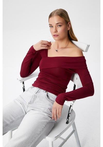 Ritnice Kadın Fuse Omuz Katlamalı Bordo Bluz Bordo