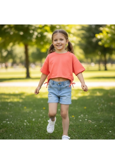 Bonbon Çocuk Beli Lastikli Crop Tshirt Cb1020 Turuncu