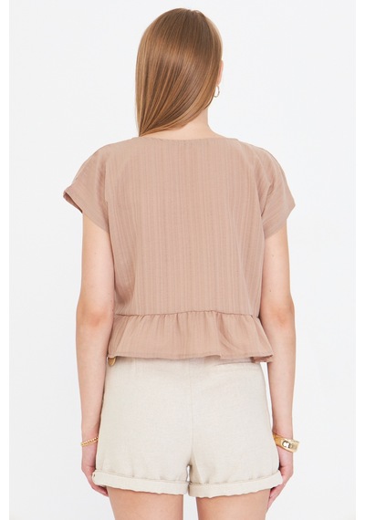 Armonika Kadın Açık Vizon Yarasa Kol Yakası Bağlamalı Eteği Fırfırlı Oversize Crop Bluz Arm-24y001088