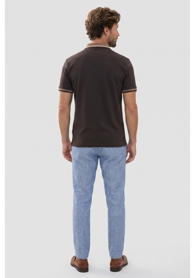 Tudors Erkek Slim Fit Dar Kesim %100 Pamuk Kısa Kollu Yarım Fermuarlı Kahverengi Polo Yaka Tişört-50746