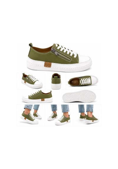 N Napa Shoe Np.8260f.avakado Deri Napa Shoe Hakiki Deri Kadın Sneaker Haki / Beyaz Yan Fermuarlı Comfort Günlük Ayakkabı