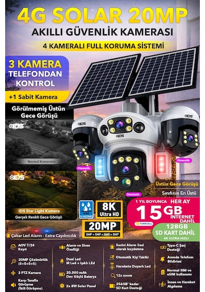 20mp 3 Hareketli 4 Kamera Sım Kartlı 4g Solar Güneş Enerjili Güvenlik Kamerası Sd Kart İnternt Dahil