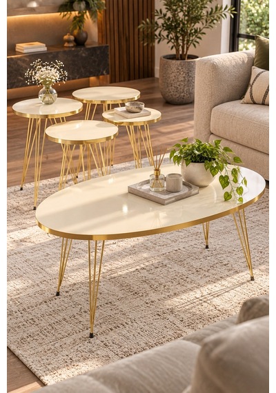 Sulorahome Elips Orta Sehpa Ve 3'lü Zigon Sehpa Seti - Gold Krem Altın - Krem