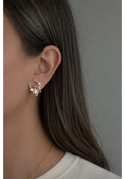 Çelik Rose Gold Kristal Taşlı İncili Fiyonk Detay Pretty Küpe -kararma Yapmaz- Metalik