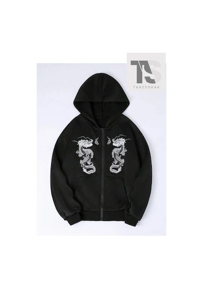 Tarzsokak Double Dragons Sweatshirt Fermuarlı Hırka Siyah
