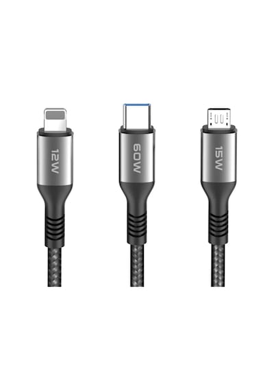 Konfulon Dc62 3in1 Type-c To 60w Type-c / 12w Lightning / 15w Micro 1.2m Hızlı Şarj Kablo - Siyah
