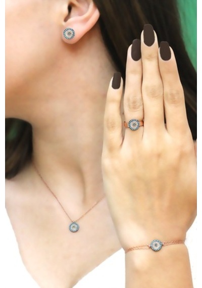 Nazar Boncuğu Tasarım Zirkon Taşlı Roslu Dörtlü Set (S) (505611373)