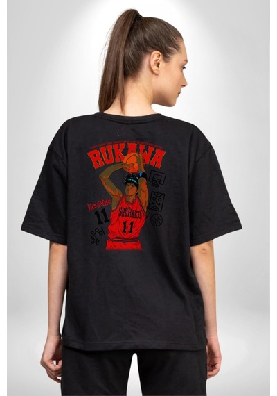 Rukawa Kaede Anime Basketbol Karakteri Pamuklu Unisex Oversize Sırt Dijital Baskılı Siyah T-shirt Siyah