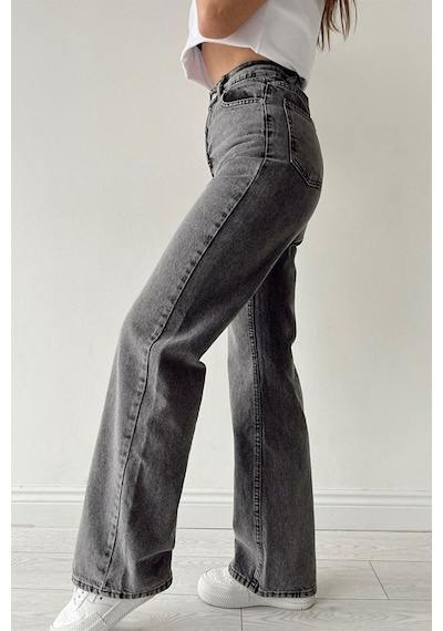 Lavajeans Jordan Füme Likralı Bol Paça Jean - Salaş Wide Leg Kot Pantolon Füme