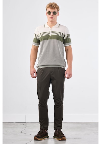 Dufy Haki Çizgili Yatay Desen Erkek Triko - Slim Fit Haki