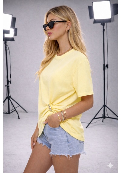 Ribana Kadın Bisiklet Yaka Kısa Kollu Gold Yan Toka Detaylı T-shirt 5035 Sarı