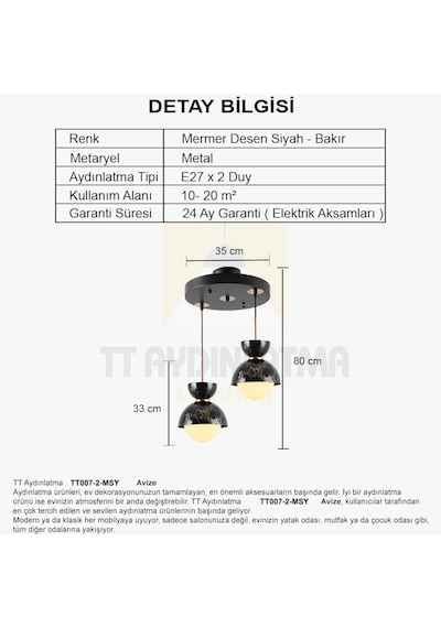 Tt007-2 Msy Tt Aydınlatma Mermer Desen 2 Li Siyah Lüks Avize