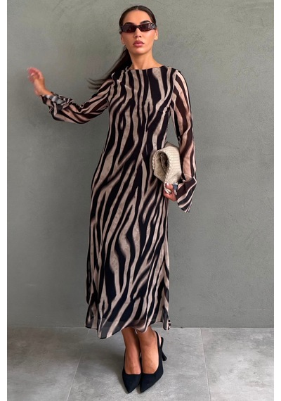 Madmext Bej Zebra Desenli Şifon Midi Elbise Mg2854