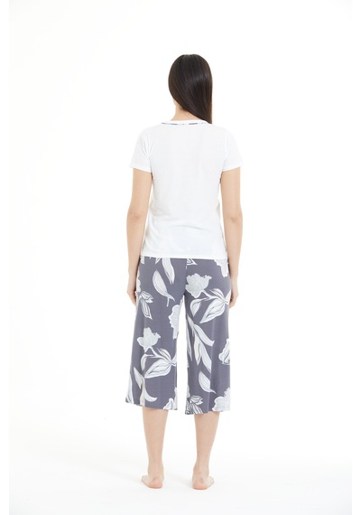 Lılac Kadın Çiçek Desenli %100 Viscon Capri Pijama Takımı Gri - Beyaz