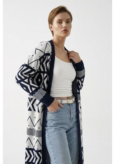 Neden Tekstil Kadın Oversize Triko Uzun Hırka Geometrik Desen - Beyaz-laci
