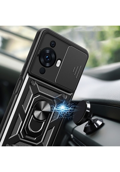 Huawei Nova 12s Uyumlu Kılıf Magnetik Standlı Kamera Korumalı Tchs Sürgülü Vega Kapak-siyah Siyah