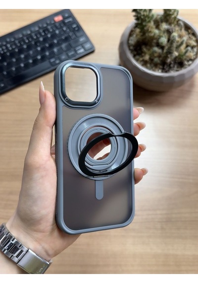 Apple Uyumlu iPhone 15 Pro Standlı Ve Yüzüklü Magsafe Kılıf Soocase721 Gri