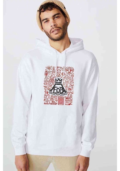 Fob Out Boy Logo Save Rock Baskılı Beyaz Erkek Kapşonlu Sweat