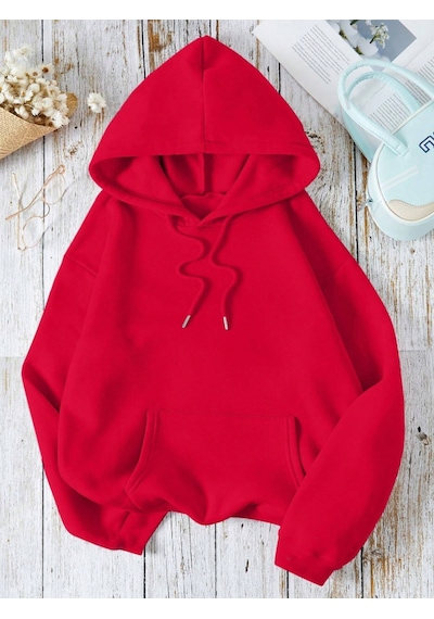 Startmore Kırmızı Unisex Kadın/erkek Düz Renkli Pamuklu Oversize Kapüşonlu