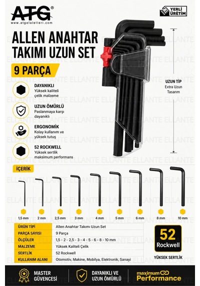 Atg Alyan Anahtar Takımı Uzun Set 9 Parça 1.5-10 Mm Alyan Seti 52 Hrc Çelik Profesyonel El Aleti