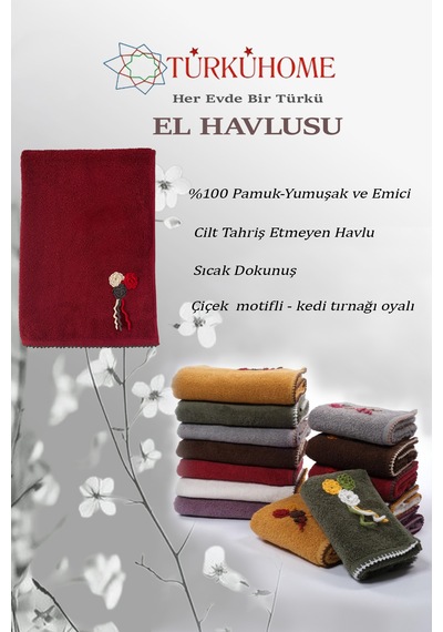 Çiçek Motifli, Kedi Tırnağı Oyalı, Yumuşak Dokulu Pamuk Havlu 50x90 Cm Kırmızı
