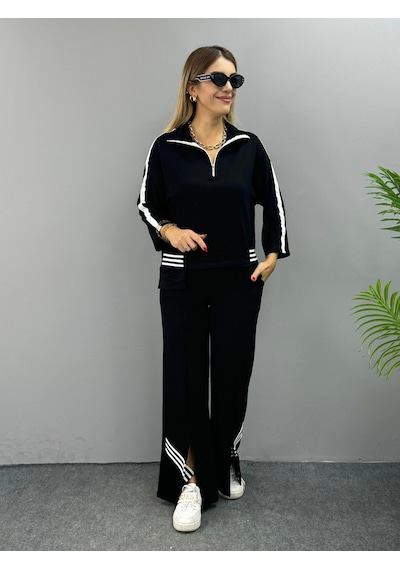 Defymoda Kadın Polo Yaka Paça Yırtmaçlı Ribanalı İkili Takım Siyah