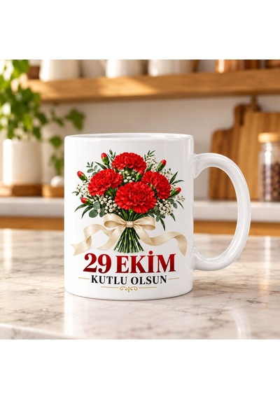 Cumhuriyet Neşesi Tasarımlı Porselen Kupa - Model 734 Kırmızı