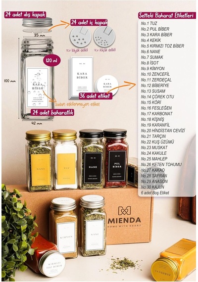 Mienda Home 24'lü Baharatlık Seti, 120 Ml, Gümüş Kapaklı,beyaz Etiketli Standsız Takım Diğer