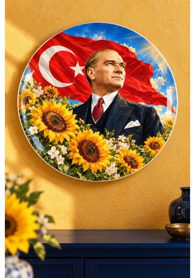Dekoratif Duvar Tabağı Atatürk, Bayrak Ve Çiçekler Dekorlu Seramik Tabak Mor
