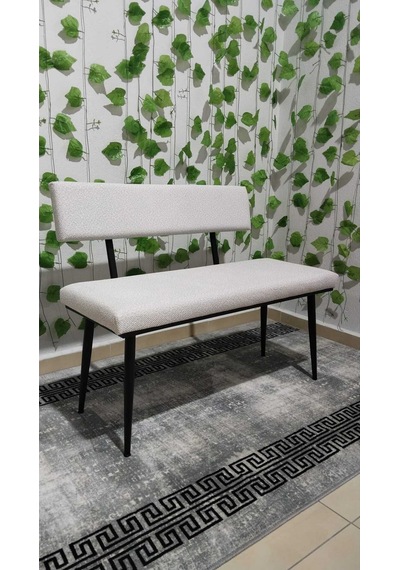 Özcan Metal Puffy Kumaş Siyah Metal Ayaklı Sırtlı Mutfak Salon Antre Yatak Odası Puf Bank Oturak Bench Bej