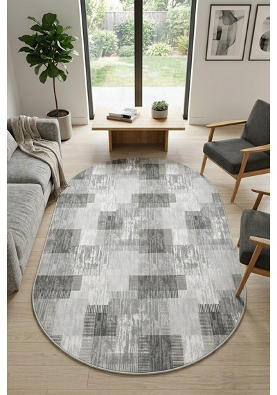 Raschel Carpet Oval Premium Yıkanabilir Leke Tutmaz Modern Kilim Modern Gri Renk Özel Seri Kaymaz Taban Halı Çok Renkli