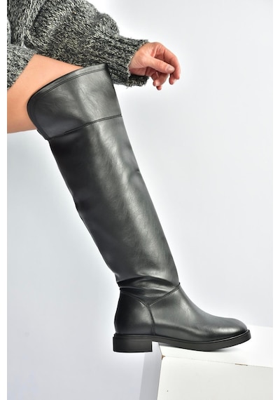 Fox Shoes V973801009 Siyah Alçak Topuklu Diz Üstü Klasik Kadın Binici Çizme Siyah