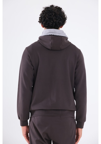 Rowinger Modal Kumaş Kapüşonlu Fermuarlı Kontrast Detaylı Erkek Sweatshirt Brown