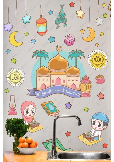 Hoşgeldin Ramazan Cami Ve Renkli Ramazan Ayı Figürleri Cam Duvar Kapı Dolap Sticker Seti Çok Renkli