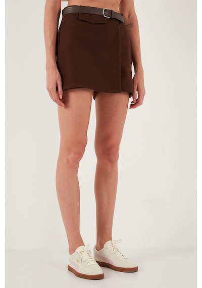 Lela Pamuk Karışımlı Relaxed Fit Yüksek Bel Mini Boy Bayan Şort Etek 611Sr0037 Kahve