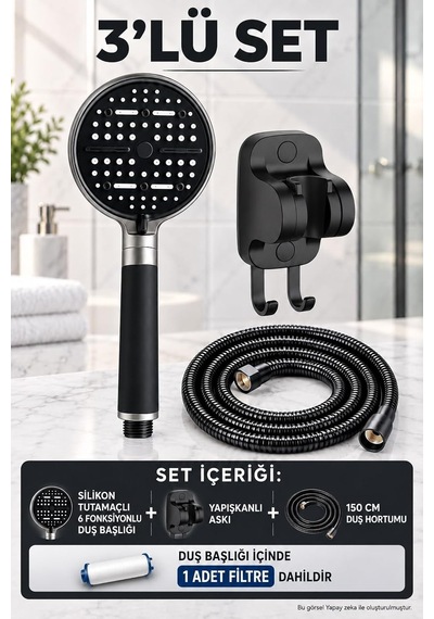 2 Li Set Silikon Tutamaçlı 6 Fonksiyonlu Filtreli Duş Başlığı + 10 Adet Yedek Filtre Toplam 11 Filtre