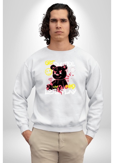 Dışarı Çık Ve Oynayalım Teddy Unisex Beyaz Sweatshirt Beyaz