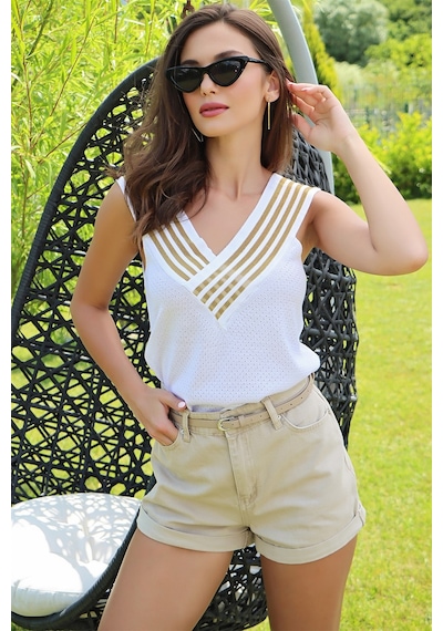 Aqe Fashion Kolsuz Ön Arka V Yaka Sim Detaylı Beyaz-altın BEYAZ